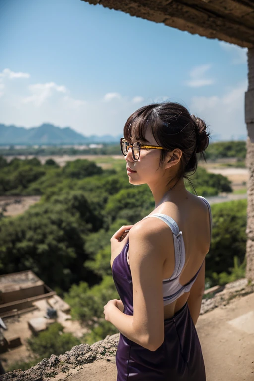 desolation,ruins,end of the century,Showa,glasses girls,adventure,back view,