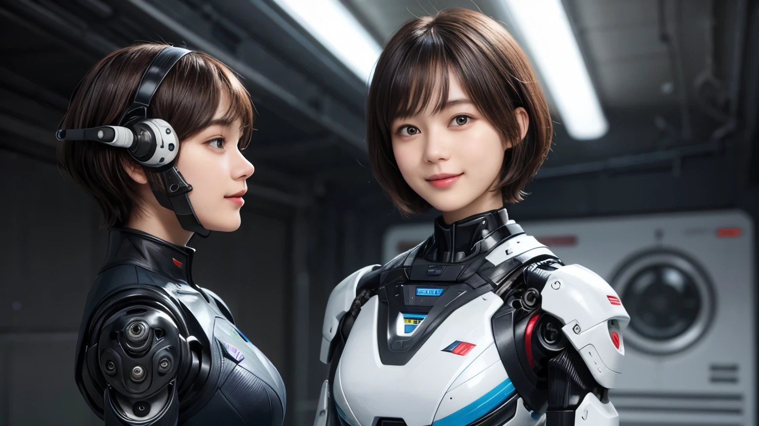 207 Short Hair, 20 year old female, Floral, gentle smile, futuristic clothes, mechanical suit