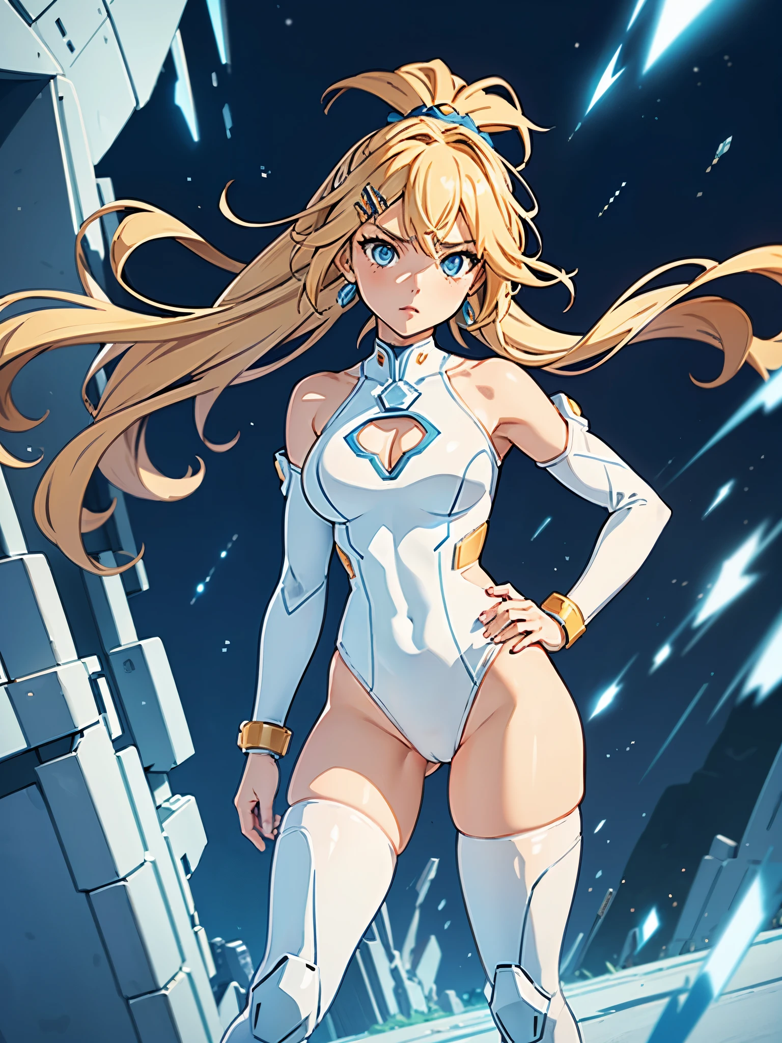 1girl, light blonde hair, aquamarine eyes, boots, breasts, bracelets, cleavage cutout, full body, hair ornament, hairclip, shoulder-length hair, full body with costume, leotard, white leotard with blue accents, bare legs, white stockings, white boots, medium breasts, solo, standing, superhero, (lighting logo on chest), beautiful detailed eyes, beautiful detailed face, age 18, ahoge, full body zenkai! asuka suit, full body portrait, body infused with electricity, diffraction spikes, heroic, standing straight, hands on hip, cowboy shot, city backdrop