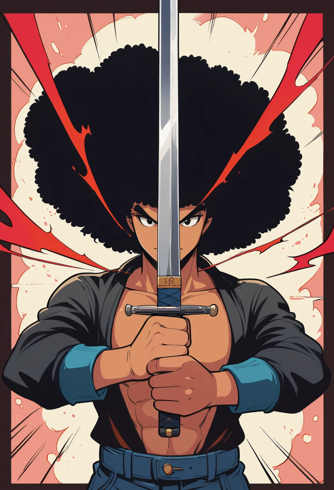 Afro Samurai,mcbess style,Sword in both hands，sword focus