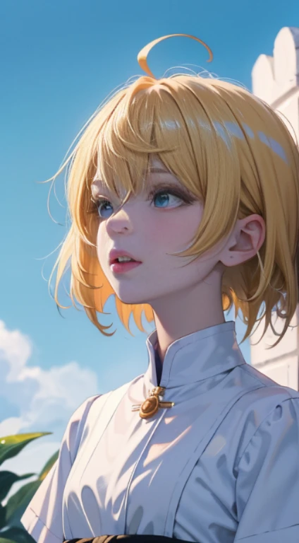 Masterpiece, highest quality, super detail, illustration, beautiful details, depth of field, dynamic angle, 8k wallpaper, portrait, best light and shadow quality, 4k, 8k, cg], fine details, one girl, flower, blonde hair, short hair, wave hair, outdoor, letterbox, day, sky, looking up, short sleeves, shirt, clouds, sunlight, white shirt, serapuk, upper body, from the side, orange blossom, Blur, blue sky, depth of field