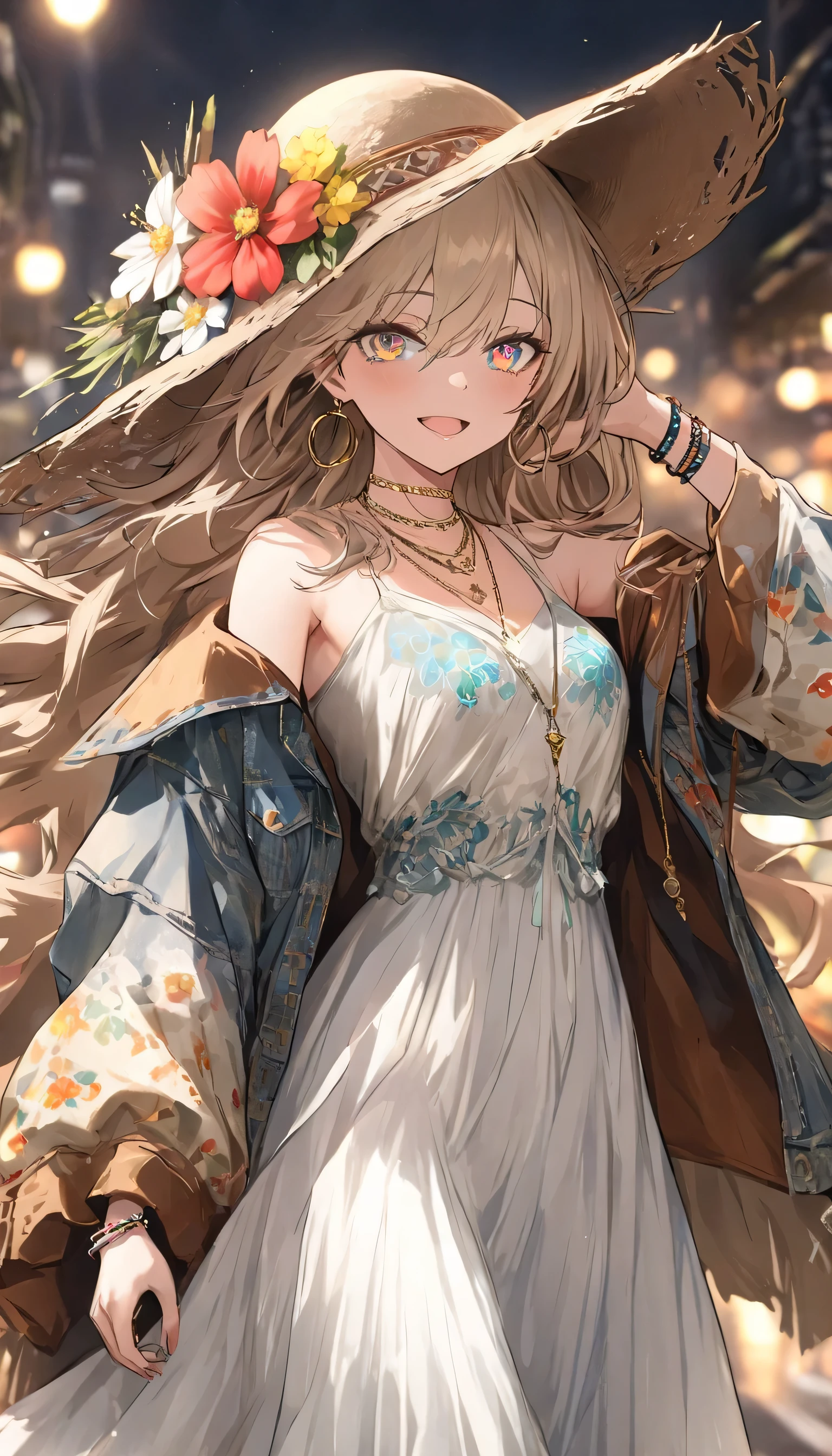 (highest quality、masterpiece、High resolution、detailed),(Shining eyes、detailed beautiful face)、1girl,
BREAK
//Fashions
Celestial Blossom Urban Boho,
This costume blends the ethereal beauty of flower cosmos with the free-spirited vibes of urban bohemian fashion, Start with a flowy maxi dress in a celestial-inspired print, featuring cosmic florals in vibrant hues against a dark background, Layer the dress with a cozy knit cardigan or a denim jacket for added warmth and texture,
BREAK
Accessorize with eclectic jewelry such as layered necklaces, beaded bracelets, and oversized hoop earrings, adding a touch of bohemian charm to the ensemble, Complete the look with ankle boots or strappy sandals and a floppy hat adorned with celestial accents, Let your hair flow naturally or style it in loose waves, and opt for soft, earthy makeup with a hint of shimmer to capture the essence of celestial blossoms in modern street fashion,
BREAK