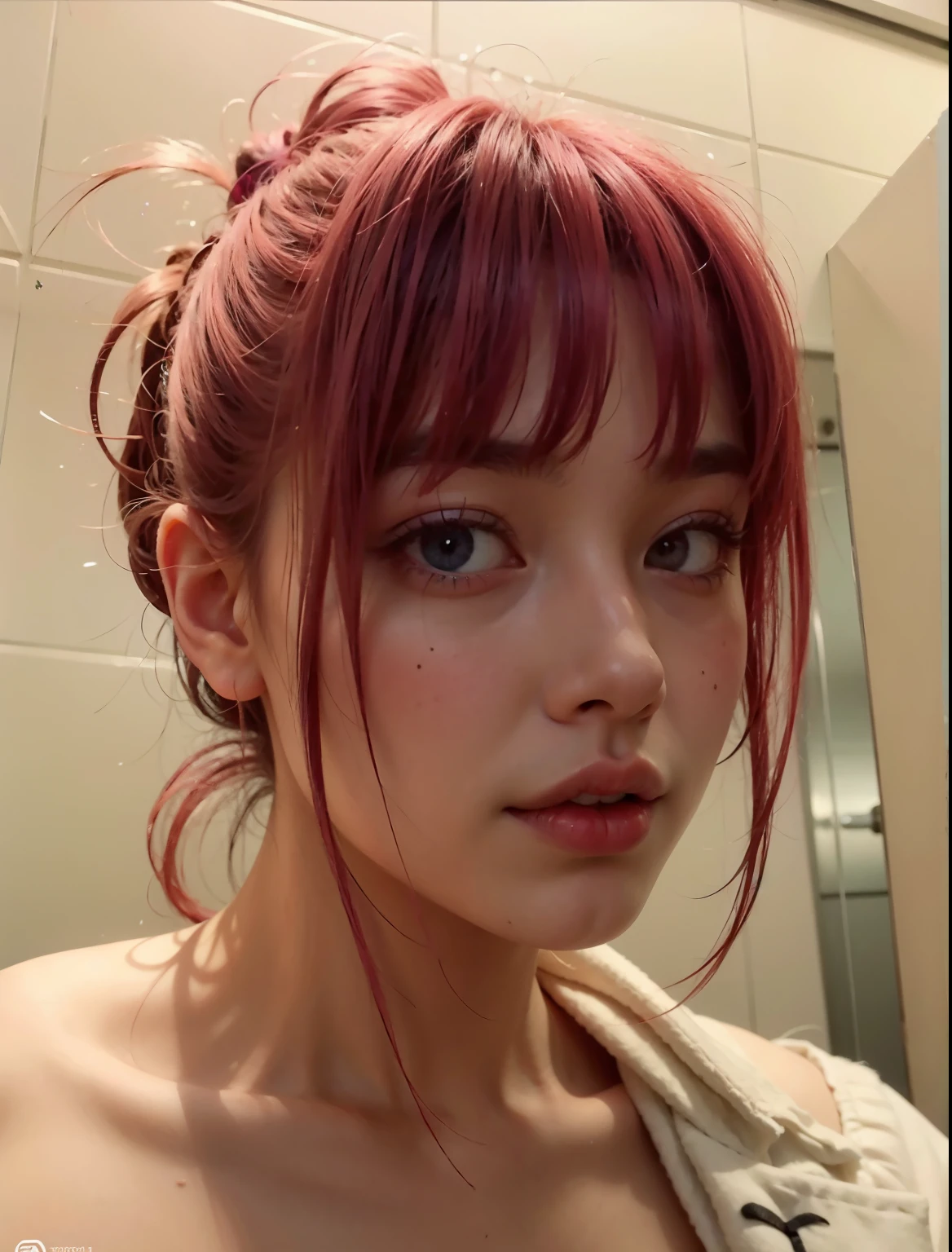 Asiatica, cabelo rosa, labios rosados, labios carnudos, olhos castanhos