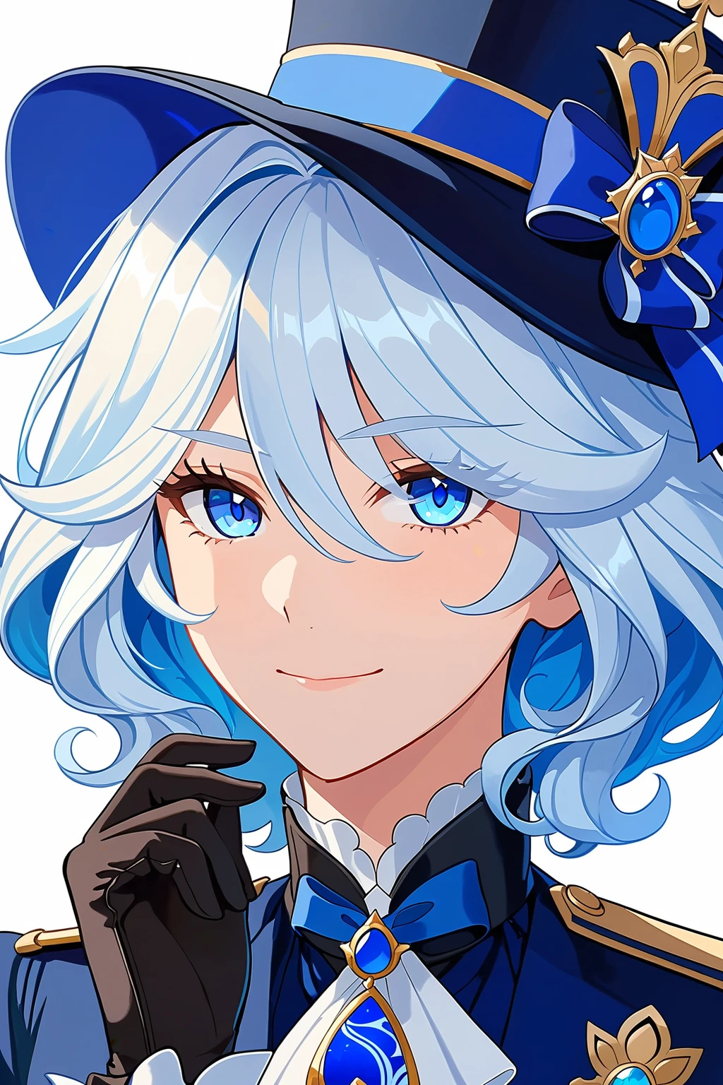 solo,FURINA\(genshin impact\),portrait,upper_body,highres,blue eyes, gloves, hat, solo, white hair, looking at viewer, long hair,