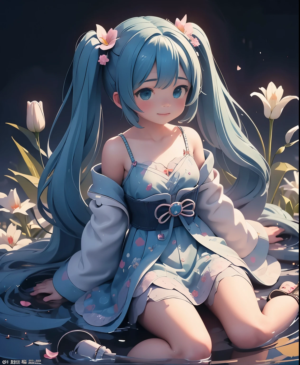(masterpiece、highest quality、highest quality、official art、beautiful beautiful:1.2)、(1 girl:1.3)Hatsune Miku、twin tails,big breasts,A lily was quietly shining in the darkness。Its chastity iake you feel the darkness around you more deeply、noble beauty, on the contrary, It was alleviating loneliness and despair。Behind the glamorous beauty、There seems to be a hidden dark story.、Everyone was obsessed with the mystery。Japanese clothing、dark、anime