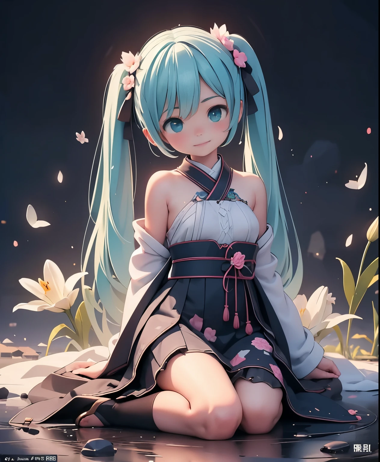 (masterpiece、highest quality、highest quality、official art、beautiful beautiful:1.2)、(1 girl:1.3)Hatsune Miku、twin tails,big breasts,A lily was quietly shining in the darkness。Its chastity iake you feel the darkness around you more deeply、noble beauty, on the contrary, It was alleviating loneliness and despair。Behind the glamorous beauty、There seems to be a hidden dark story.、Everyone was obsessed with the mystery。Japanese clothing、dark、anime