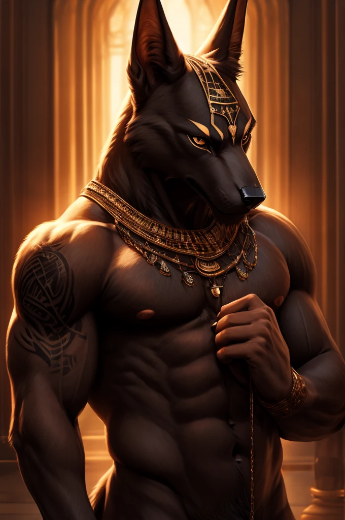solo,furry,anthro,dog, anubis god,male,e621,standing,simple background,front view,(best quality,4k,8k,highres,masterpiece:1.2),ultra-detailed,(realistic,photorealistic,photo-realistic:1.37),vivid colors,portraits,soft lighting, nude, holding penis, large penis, tattoos, tattoo skin, anubis,masterpiece