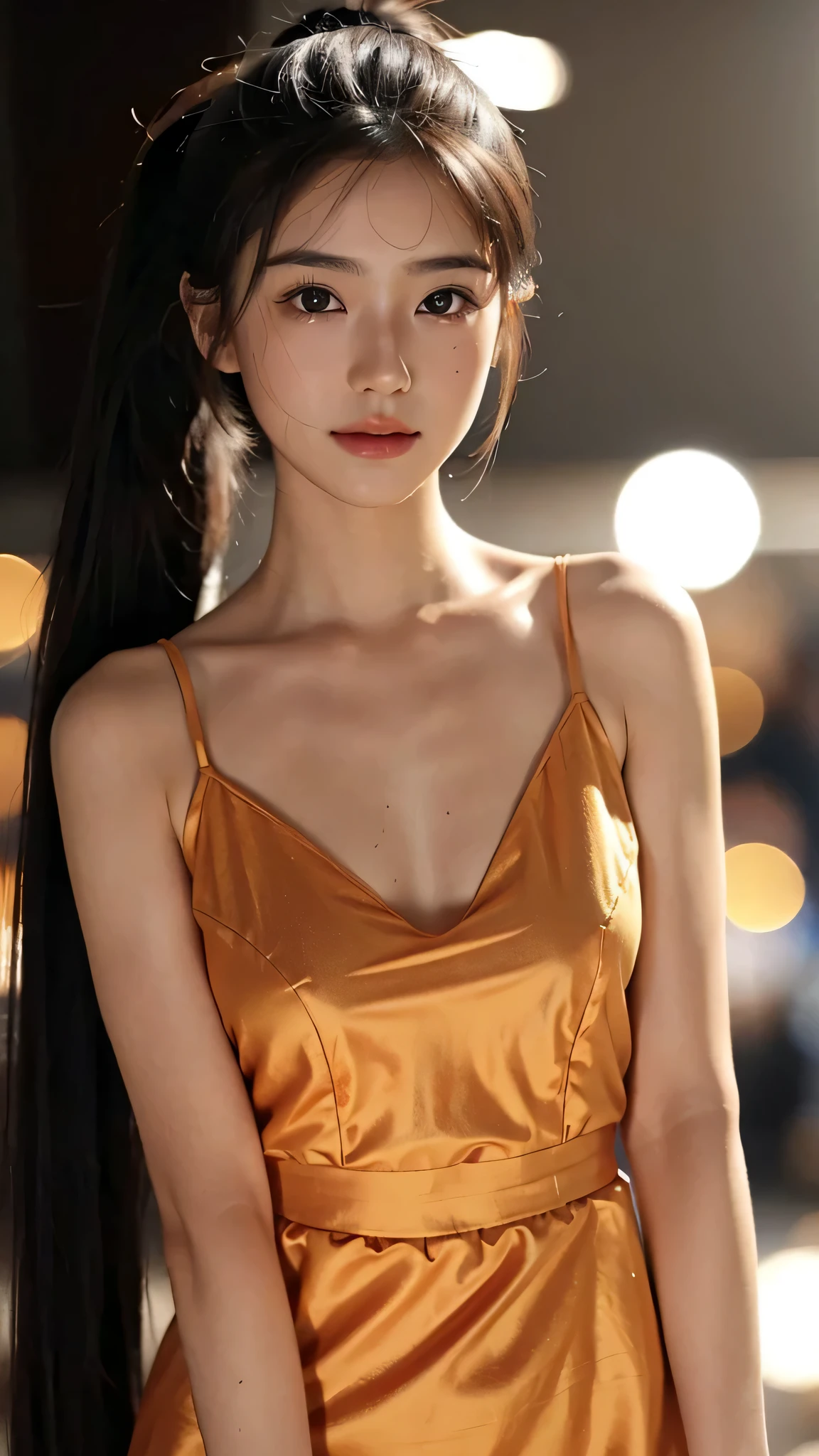 One woman,fully body photo,masutepiece, The highest image quality, High quality, the background is clear，Beautiful woman, Japanese, Detailed, Detailed eyes, Detailed skin, Beautiful skin, 超hight resolution, (reality: 1.4),Very beautiful woman, Slightly younger face, Beautiful skin, slender, (Ultra photo realsisim), (hight resolution), (8K), (Very detailed) (beautifully detailed eyes), (super detailed),   (Detailed face), view the viewer, Fine details, Detailed face, Staring straight ahead, Staring straight ahead, photos realistic, Bright lighting, Professional Lighting, Black hair,poneyTail,a baby face,sixteen years old,Hairstyle is ponytail,long ponytail hairstyle,slight smile,Orange colored long dress with lots of ruffles, softly shaped skirt,Spotlight on stage,close-up of face, 