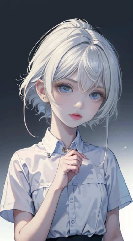 (Best Quality, Masterpiece1.2), (Detailed Eye:1.2), Intricate Details, Depth of Field, (White Shirt, Viewer Look, Upper Body, Simple Background), 1girl, White Hair, Bangs, Gray Eyes