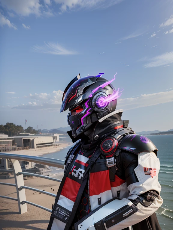 Cyber Male Warrior, Exquisite Black Tech Helmet, Nousr, Biomechanics, MSHN Robot Man, Tech Helmet Red and Purple, Surreal, Steel, Intricate Design, Crazy Detail, Fine Detail, Extremely Clear Lines, Cinematic Lighting, Photo Realistic, Detailed Masterpiece