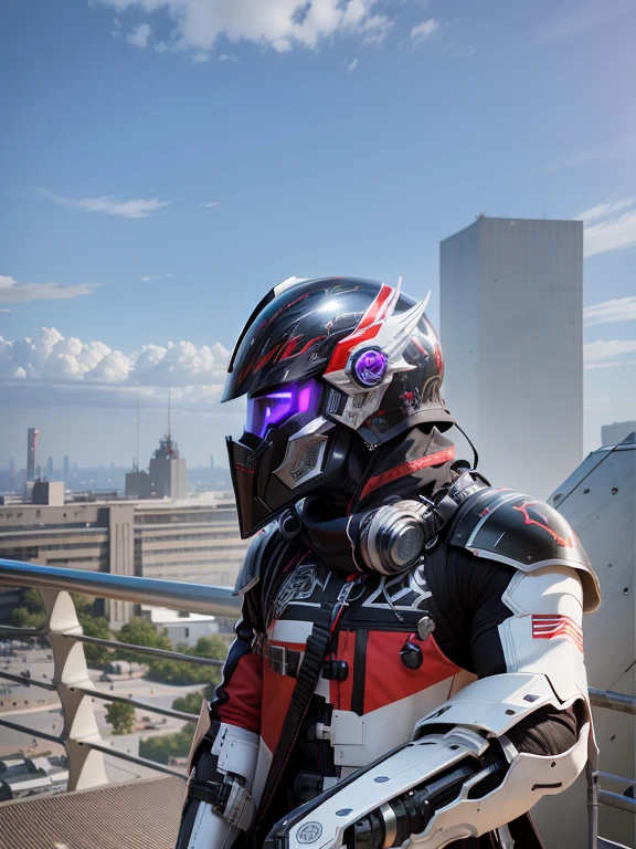 Cyber Male Warrior, Exquisite Black Tech Helmet, Nousr, Biomechanics, MSHN Robot Man, Tech Helmet Red and Purple, Surreal, Steel, Intricate Design, Crazy Detail, Fine Detail, Extremely Clear Lines, Cinematic Lighting, Photo Realistic, Detailed Masterpiece