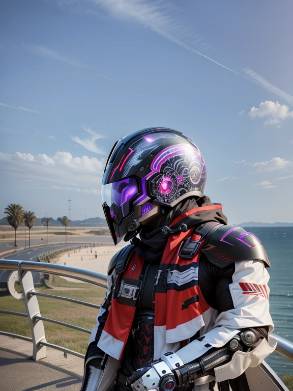 Cyber Male Warrior, Exquisite Black Tech Helmet, Nousr, Biomechanics, MSHN Robot Man, Tech Helmet Red and Purple, Surreal, Steel, Intricate Design, Crazy Detail, Fine Detail, Extremely Clear Lines, Cinematic Lighting, Photo Realistic, Detailed Masterpiece