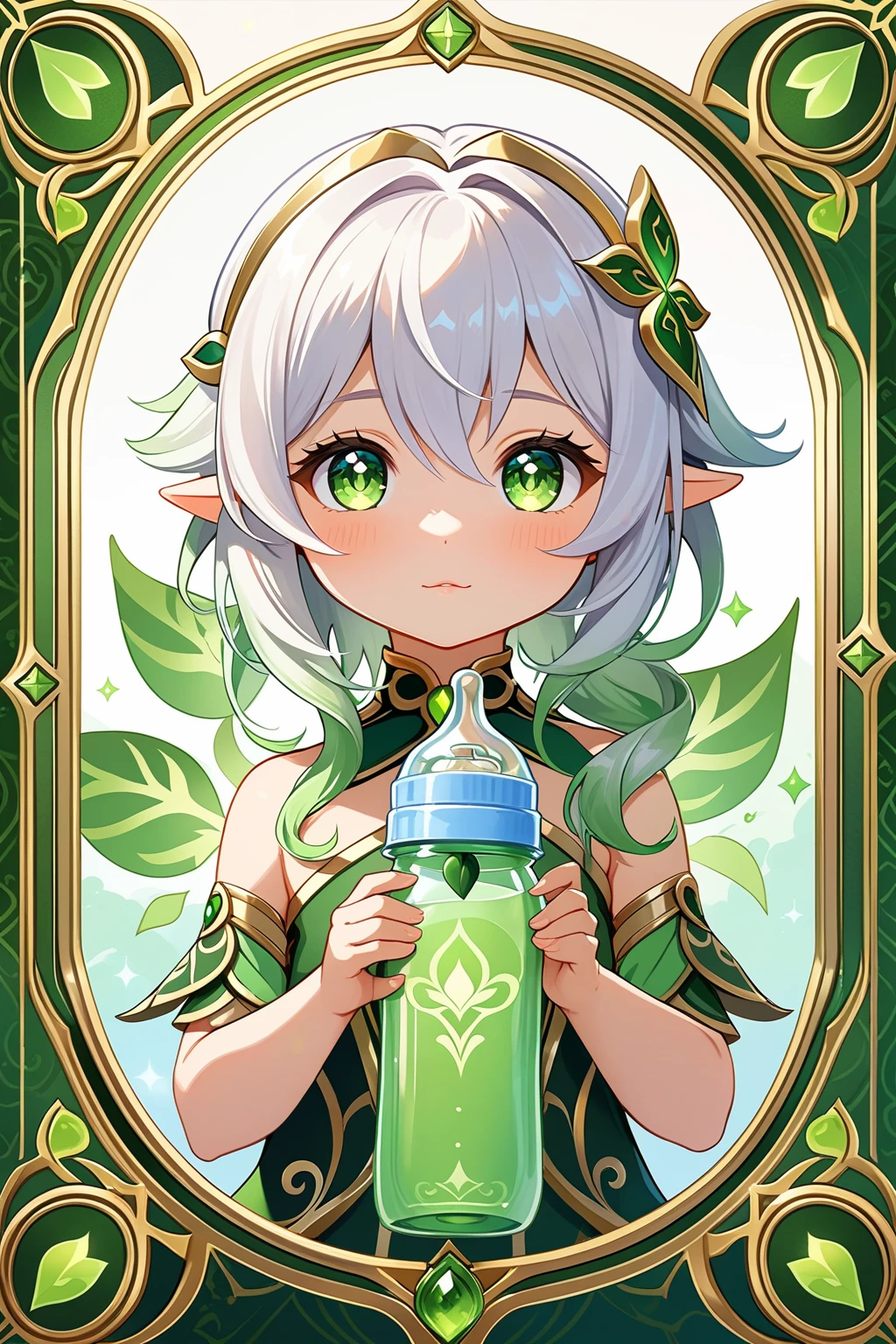 Game cards, exquisite borders, masterpieces, perfect symmetry, golden ratio, solo,NAHIDA\(genshin impact\),portrait,upper_body,highres,baby bottle,baby