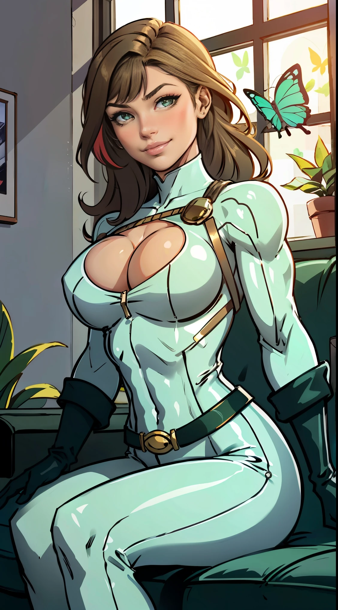 (masterpiece, best quality:1.2), classicrogue, 1girl, solo, long hair, breasts, smile, large breasts, brown hair, green eyes, jacket, big hair, white hair, multicolored hair, parted lips, open clothes, belt, two-tone hair, open jacket, lips, bodysuit, covered navel, makeup, muscular, headband, abs, skin tight, multicolored clothes, muscular female, dyed bangs, multicolored bodysuit, green bodysuit, yellow bodysuit, butterfly, bug, window, sitting, indoors, plant, book, laptop, computer, couch, looking at viewer, closed mouth, blurry, blue butterfly, potted plant, building, expressionless, depth of field, book stack, day