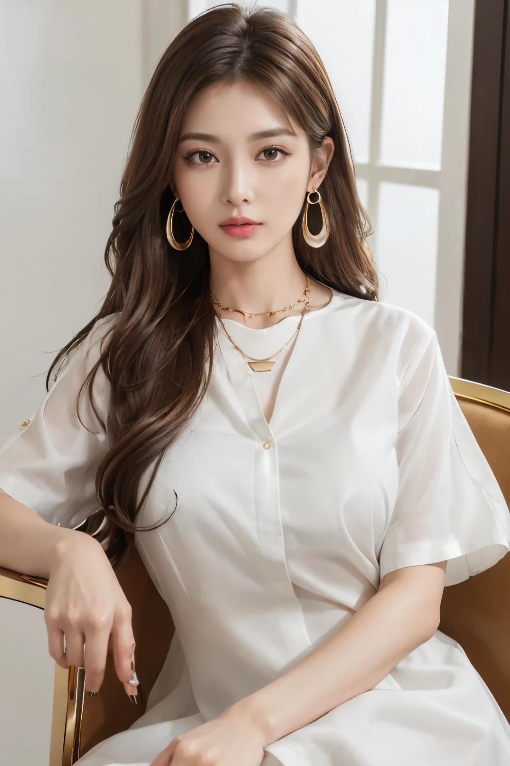 photograph、confusion、High resolution、Super detailed、Maid Girl、:d、((Hair with loose waves inward:1.2))、((Gold necklace_Larger Earrings:1.2))、((Super long brown hair:1.2)),((wearing a white shirt dress:1.4)、