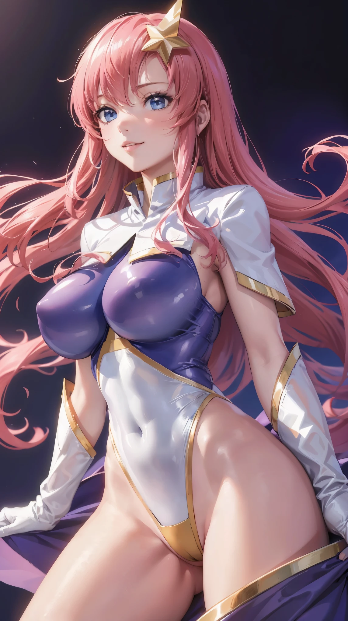 (masterpiece）、（Highest image quality）、（Super detailed）、（extremely detailed）、4K、（8K）、Highest image quality、（beautiful）、
more campbell, 1 girl, star hair ornaments, hair ornaments, pink hair, long hair, gloves, Leotard Purple leotard, white leotard, leotard that bites、super breasts、thick thighs、,light smile､dynamic pose､dynamic angle、noise removal､emphasis on crotch､chest enhancement