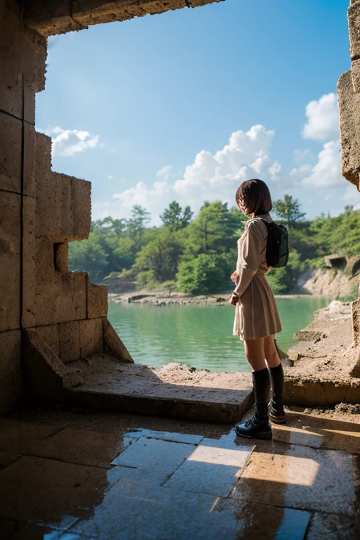 Showa,desolation,ruins,end of the century,glasses girls,adventure,back view,
