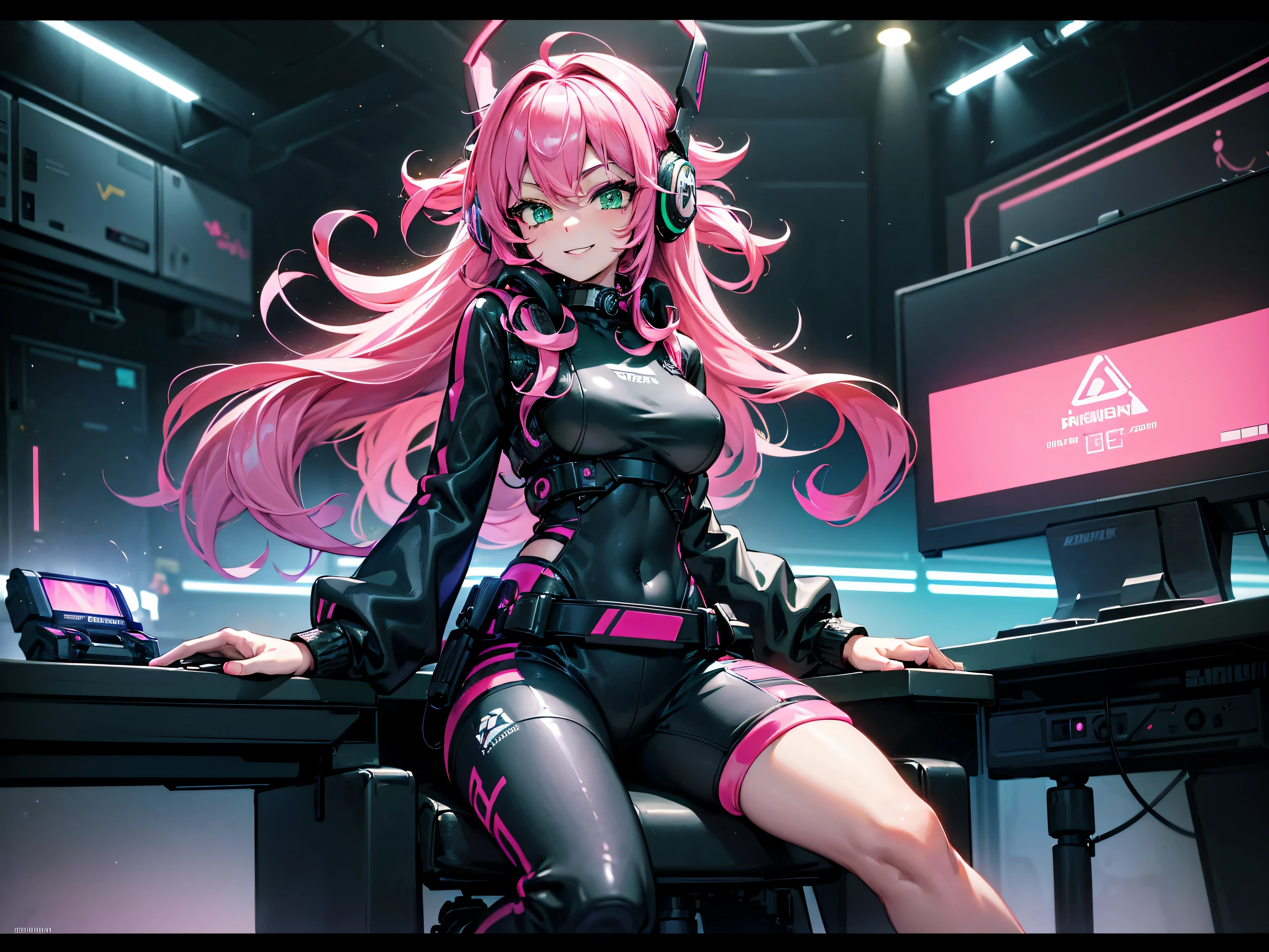 masterpiece:1.4, 1girl ((20year old, dressed in long sleeve shirt, tight black shorts, sneakers, medium breasts, multicolor pink hair, curly long hair, flirting, happy, big smile, perfect model body, green eyes:1.4, Wearing headphones, sitting in a gaming chair playing video games:1.4, gaming center, futuristic and energetic atmosphere)), ((nighttime)) ((solo:1.6)) ((wide camera angle))