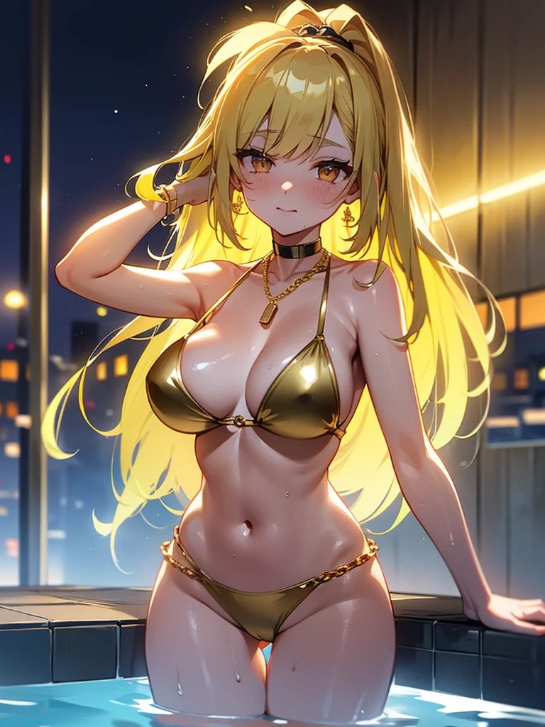 top-quality、Top image quality、masterpiece、girl with((20yr old、Best Bust、big bast、Bust 85,beautiful golden eyes、Breasts wide open,Blonde long hair、A slender、Large valleys、Gold Bikini Dresses、Shy face、the whole body is wet、wetting hair、lean against the wall、dye one's cheeks red、))hiquality、Beautiful Art、Background with((Night Pool、Parti、Golden Chain、Neon colored lighting)))masutepiece、visualart、depth of fields、