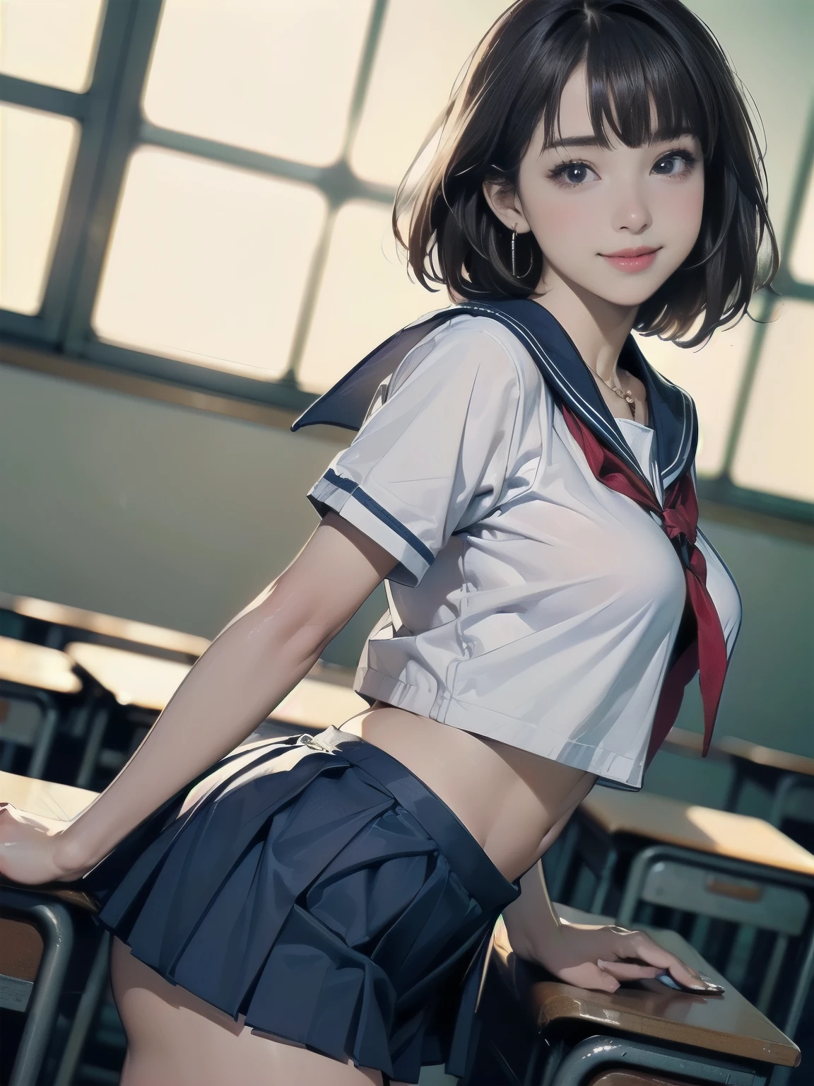 ((((highest quality))))、(((Ultra-precision CG16K wallpaper)))、(((masterpiece)))、(((Super detailed)))、(((super extreme details)))、((1people's women:1.5))、Mature 24 year old woman、((Japanese face))、((very beautiful face))、((Mai Shiraishi:1.5))、((straight short bob hair、blunt bangs:1.5))、(shiny brown hair)、beautiful delicate eyes、brown eyes、raised eyebrows、high nose、small nostrils、small mouth、seductive lips、beautiful breasts、((C cup size breasts))、cleavage、plump body、(Chubby body type)、perfect proportions、perfect anatomy、perfect composition、beautiful detailed shading、beautiful natural lighting、beautiful detail glow、Depth of the bounds written、(((High chroma)))、(((real:1.9)))、((vivid:1.5))、((edge:1.6))、((beautiful skin))、((skin texture))、((realな皮膚感))、(((cowboy shot:1.8)))、((Front view、Low - Angle:1.8))、((shy smile:1.5))、(Eyes looking at me:1.5)、Bright daylight、Natural light、(((classroom:1.5)))、(standing pose:1.5)、(((High school girl wearing sailor uniform、Navy blue pleated miniskirt:1.6)))、((earrings、wearing necklace:1.3))、