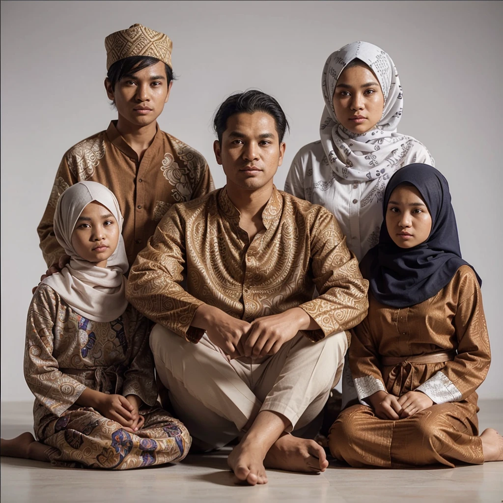 create a detailed and realistic 4D animated image consisting of five people wearing traditional Indonesian clothing with rich details. Here is a detailed description of the image: 35 year old father sitting cross-legged, wearing a batik long-sleeved shirt with an intricate pattern and white trousers. Mother is 30 years old behind to the right of father, beautiful, slightly fat and plump, wearing a broken white hijab and a batik robe with a similar motif. The 18 year old boy behind on his father's left is wearing a clothing cap with a different pattern with a similar motif. Two women sat at the father's side, aged 13 years and 9 years, wearing broken white hijabs and orange tops with soft batik and a pattern similar to a dark long skirt. All individuals position their hands in worship in front of their chest. Hands namaste. Neutral Background, giving full focus to the subject and their clothing. The details of the clothing and composition of this group reflect the richness of Indonesian culture and traditions. HD.Ultra-HD.65K.hyper realistic.