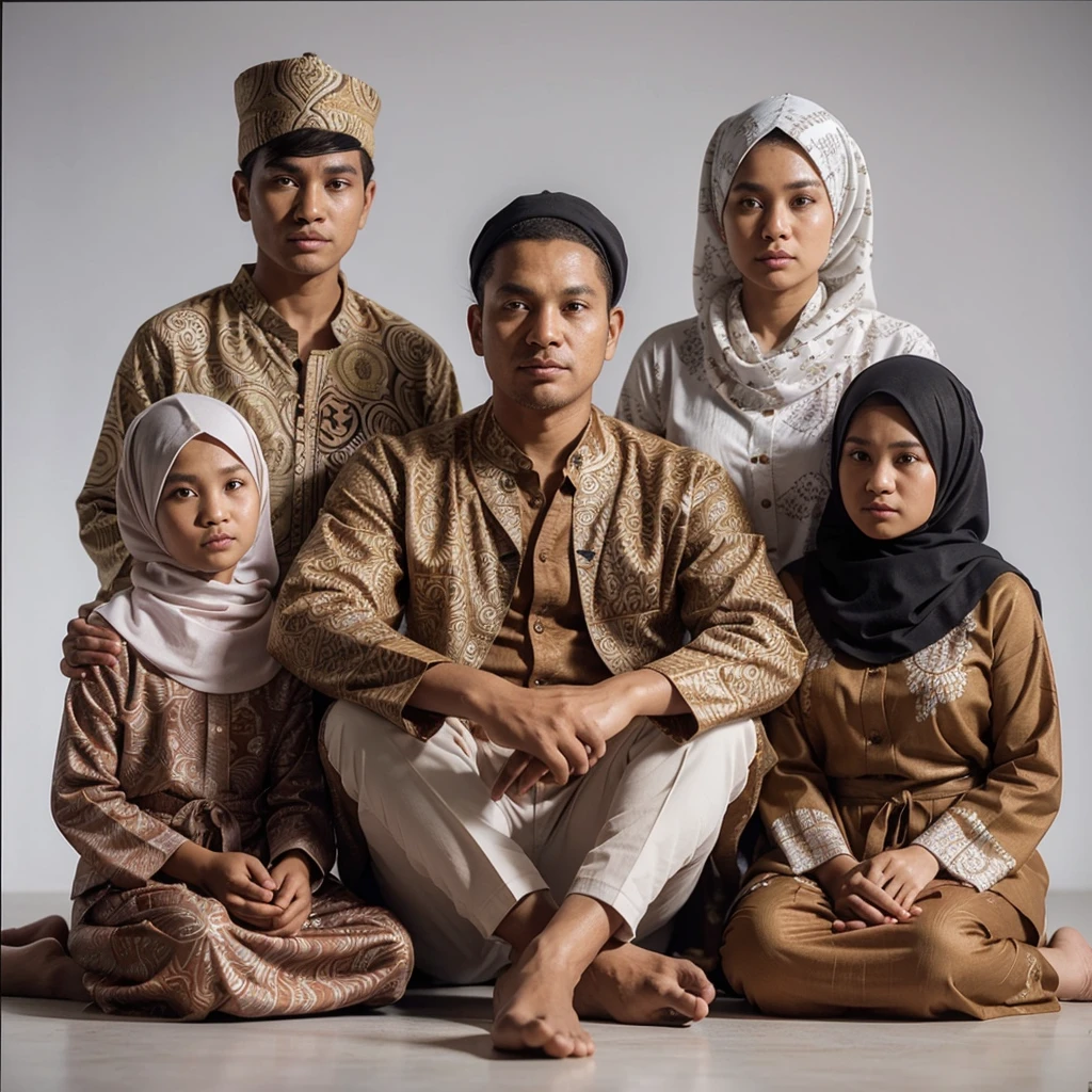 create a detailed and realistic 4D animated image consisting of five people wearing traditional Indonesian clothing with rich details. Here is a detailed description of the image: 35 year old father sitting cross-legged, wearing a batik long-sleeved shirt with an intricate pattern and white trousers. Mother is 30 years old behind to the right of father, beautiful, slightly fat and plump, wearing a broken white hijab and a batik robe with a similar motif. The 18 year old boy behind on his father's left is wearing a clothing cap with a different pattern with a similar motif. Two women sat at the father's side, aged s and 9 yearsing broken white hijabs and orange tops with soft batik and a pattern similar to a dark long skirt. All individuals position their hands in worship in front of their chest. Hands namaste. Neutral Background, giving full focus to the subject and their clothing. The details of the clothing and composition of this group reflect the richness of Indonesian culture and traditions. HD.Ultra-HD.65K.hyper realistic.