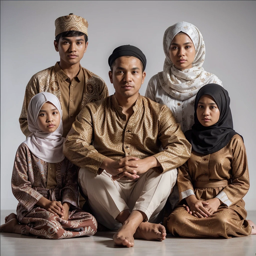 create a detailed and realistic 4D animated image consisting of five people wearing traditional Indonesian clothing with rich details. Here is a detailed description of the image: 35 year old father sitting cross-legged, wearing a batik long-sleeved shirt with an intricate pattern and white trousers. Mother is 30 years old behind to the right of father, beautiful, slightly fat and plump, wearing a broken white hijab and a batik robe with a similar motif. The 18 year old boy behind on his father's left is wearing a clothing cap with a different pattern with a similar motif. Two women sat at the father's side, aged  years and 9 years, wearing broken white hijabs and orange tops with soft batik and a pattern similar to a dark long skirt. All individuals position their hands in worship in front of their chest. Hands namaste. Neutral Background, giving full focus to the subject and their clothing. The details of the clothing and composition of this group reflect the richness of Indonesian culture and traditions. HD.Ultra-HD.65K.hyper realistic.