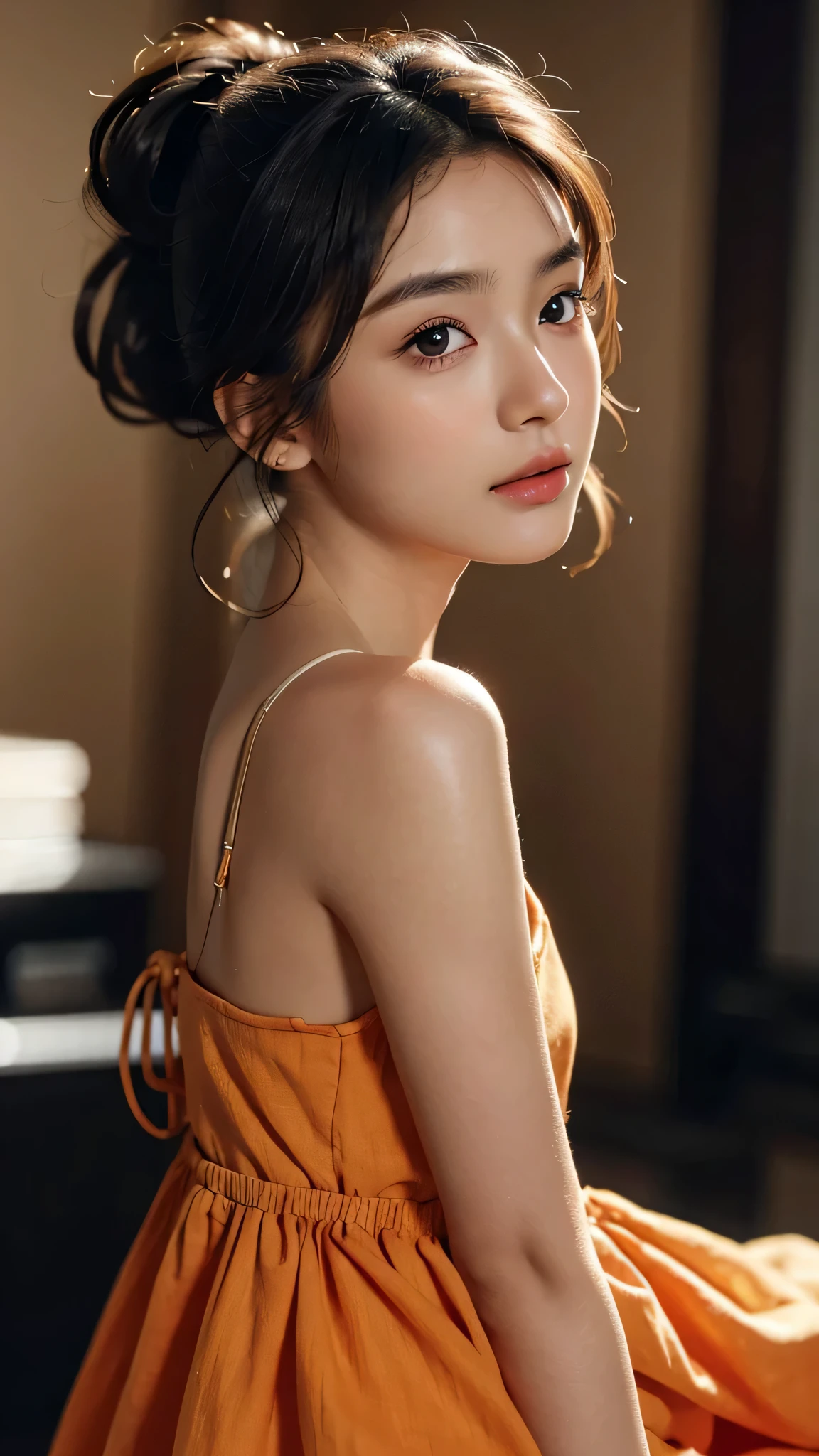 One woman,fully body photo,masutepiece, The highest image quality, High quality, the background is clear,Beautiful woman, Japanese, Detailed, Detailed eyes, Detailed skin, Beautiful skin, 超hight resolution, (reality: 1.4),Very beautiful woman, Slightly younger face, Beautiful skin, slender, (Ultra photo realsisim), (hight resolution), (8K), (Very detailed) (beautifully detailed eyes), (super detailed), (Detailed face), view the viewer, Fine details, Detailed face, Staring straight ahead, Staring straight ahead, photos realistic, Bright lighting, Professional Lighting, Black hair,poneyTail,a ,sixteen ye is ponytail,long ponytail hairstyle,slight smile,Orange colored long dress with lots of ruffles, softly shaped skirt,Spotlight on stage,close-up of face,