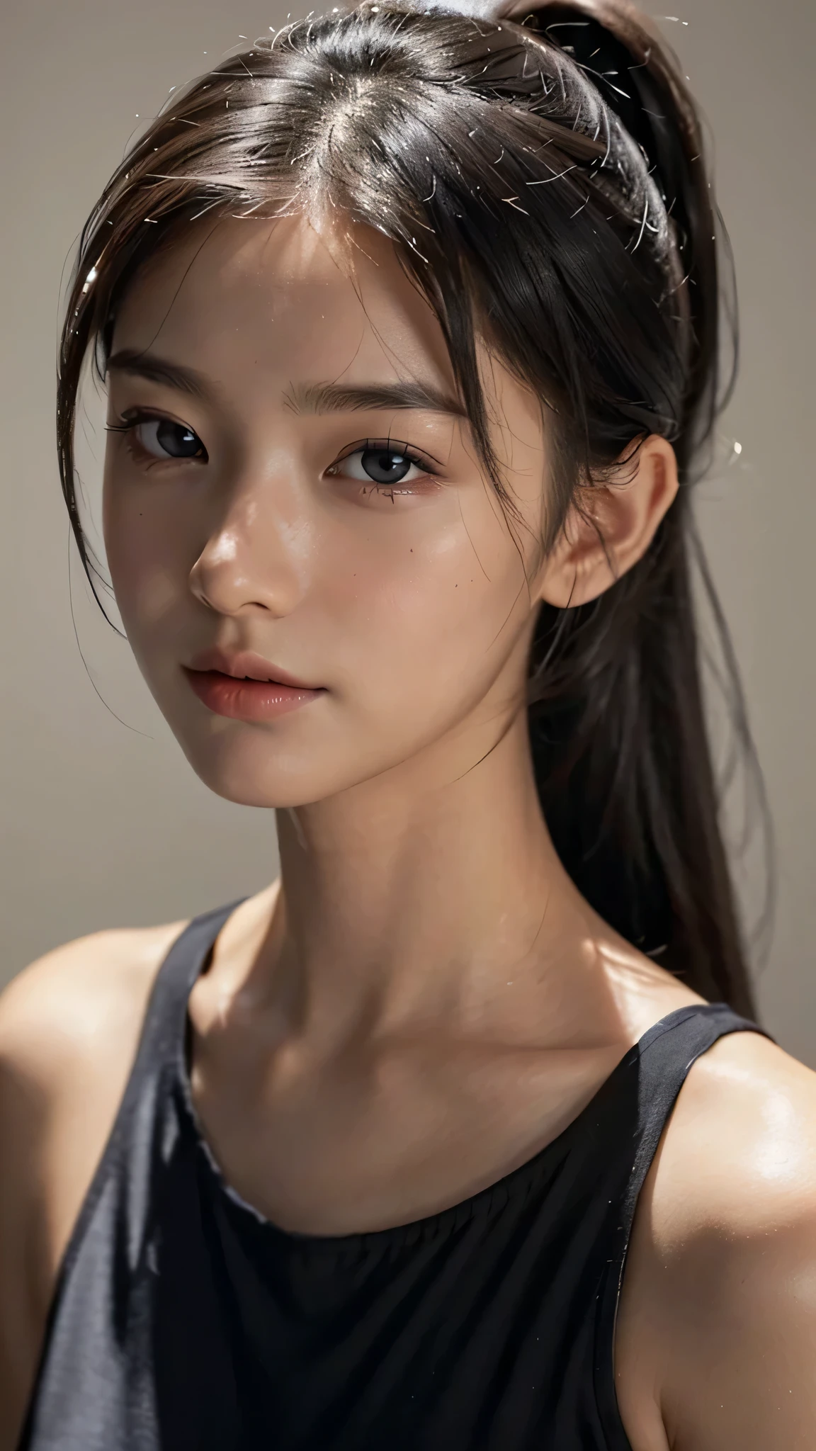 One woman,fully body photo,masutepiece, The highest image quality, High quality, the background is clear,Beautiful woman, Japanese, Detailed, Detailed eyes, Detailed skin, Beautiful skin, 超hight resolution, (reality: 1.4),Very beautiful woman, Slightly younger face, Beautiful skin, slender, (Ultra photo realsisim), (hight resolution), (8K), (Very detailed) (beautifully detailed eyes), (super detailed), (Detailed face), view the viewer, Fine details, Detailed face, Staring straight ahead, Staring straight ahead, photos realistic, Bright lighting, Professional Lighting, Black hair,poneyTail,a baby face,sixteen years old,Hairstyle is ponytail,long ponytail hairstyle,slight smile,Orange colored long dress with lots of ruffles, softly shaped skirt,Spotlight on stage,close-up of face,