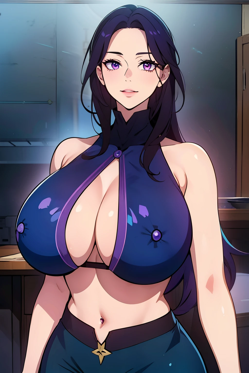 An anime-style artwork depicting ruan mei from the game Honkai star rail.
Tags: ruan mei, anime, detailed eyes, detailed lips, crop top, turtleneck, pencil skirt, smiling expression, intense gaze, glowing emblem on hand, dynamic pose, mystical background, vibrant colors, digital art, high-resolution, professional quality, gigantic breasts, (underboob : 1.4), curvy, cowboy shot, (gigantic breasts: 1.4), (violet eyes: 1.4), (Purplish Blue hair: 1.4)
