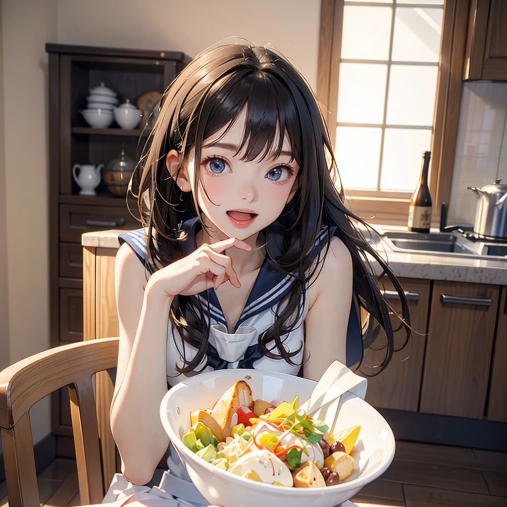 anime girl eating a bowl of food in a kitchen, anime food, super realistic food picture, realistic anime 3 d style, seductive anime girl, 3 d anime realistic, smooth anime cg art, [ 4 k photorealism ]!!, tifa, [ 4 k digital art ]!!, about to consume you, ilya kuvshinov. 4 k, photorealistic anime,(smile:1.2),(bob cut:1.1),15 years old,highschool student,(small brests:1.2),(skinny:1.2),(sailor suit:1.3),(girls high school uniform:1.3),(cute sailor suit:1.3),(open mouth:1.4),