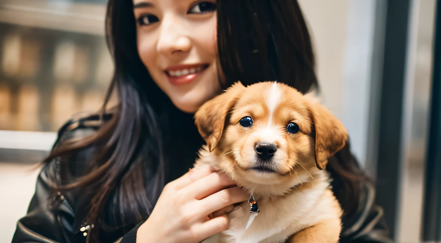 create a photo realistic dog day care picture with very happy dogs with a woman being hugged by a dog
