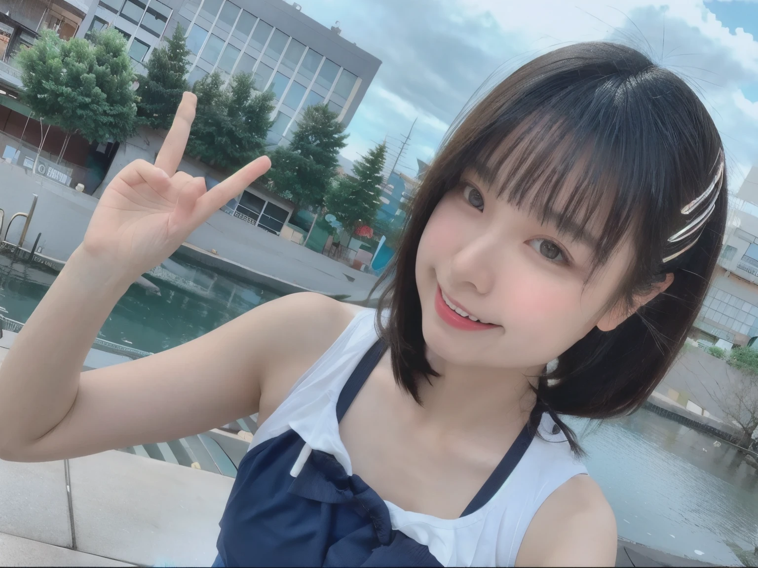 4K Real Beauty Swimsuit Short Bob Hair Blow Wind Active Pose Amazing Angle Japan  Smile Twin Tail Hair