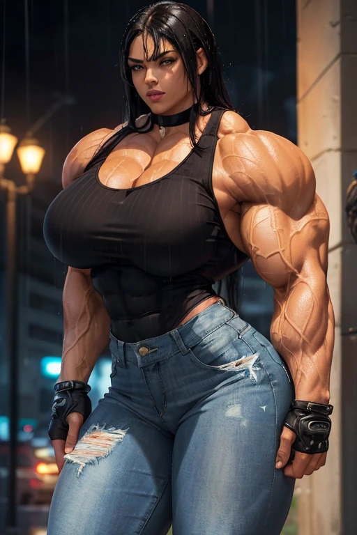 (((((Massive tall, beautiful, buff, wet, brown skinned muscular woman with jet black hair, ginormous bulky muscles, and wearing a tight white tank top with tight denim pants))))), close view, massive muscle, massive biceps, hyper muscle shoulders, (massive muscle arms), vascular shoulders, hyper muscle triceps, (straight long hair), orange eyes, choker, (long fingerless gloves), black boots, (in a rainy city), confidant smile, night, hyper vascular arm, hyper muscles arms, hyper muscle legs, (massive arms).
