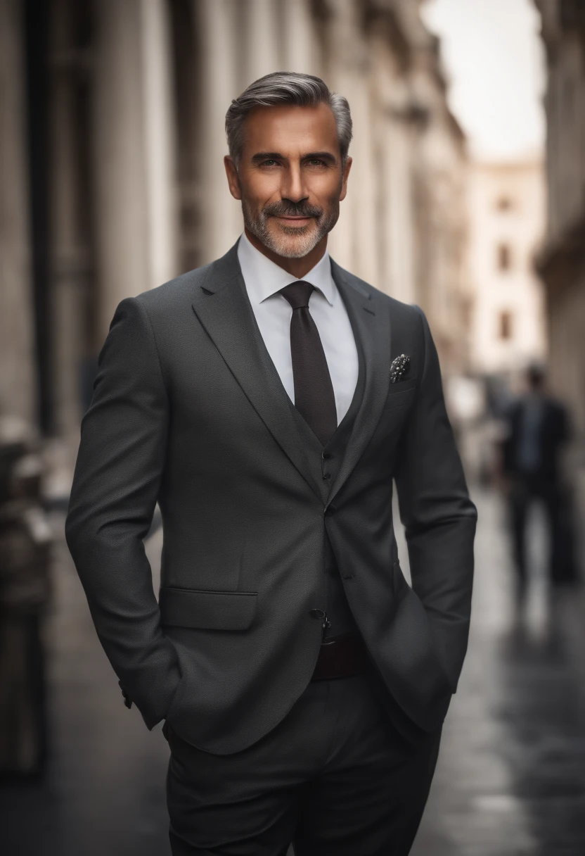 realistic image of middle-aged business profissional, 100 lagoas de peso, profissionally dressed in a suit and tie, alta qualidade, higher resolution, Standing position, hands down, profissional, lindos olhos cinza levemente azuis detalhados , beautiful detailed lips,, cabelo curto grisalho, Kind expression, sorriso caloroso, distinctive appearance, adequate lighting, Fundo simples, imagem limpa sem efeito desfocado, textura ultra-detalhada,obra de arte:1.2