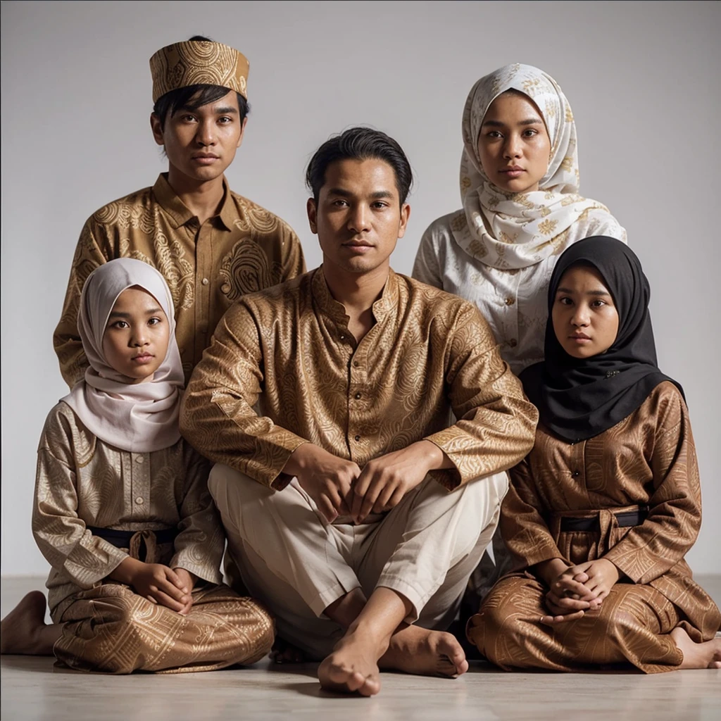 create a detailed and realistic 4D animated image consisting of five people wearing traditional Indonesian clothing with rich details. Here is a detailed description of the image: 35 year old father sitting cross-legged, wearing a batik long-sleeved shirt with an intricate pattern and white trousers. Mother is 30 years old behind to the right of father, beautiful, slightly fat and plump, wearing a broken white hijab and a batik robe with a similar motif. The 18 year old boy behind on his father's left is wearing a clothing cap with a different pattern with a similar motif. Two women sat at the father's side, aged 13 years and 9 years, wearing broken white hijabs and orange tops with soft batik and a pattern similar to a dark long skirt. All individuals position their hands in worship in front of their chest. Hands namaste. Neutral Background, giving full focus to the subject and their clothing. The details of the clothing and composition of this group reflect the richness of Indonesian culture and traditions. HD.Ultra-HD.65K.hyper realistic.
