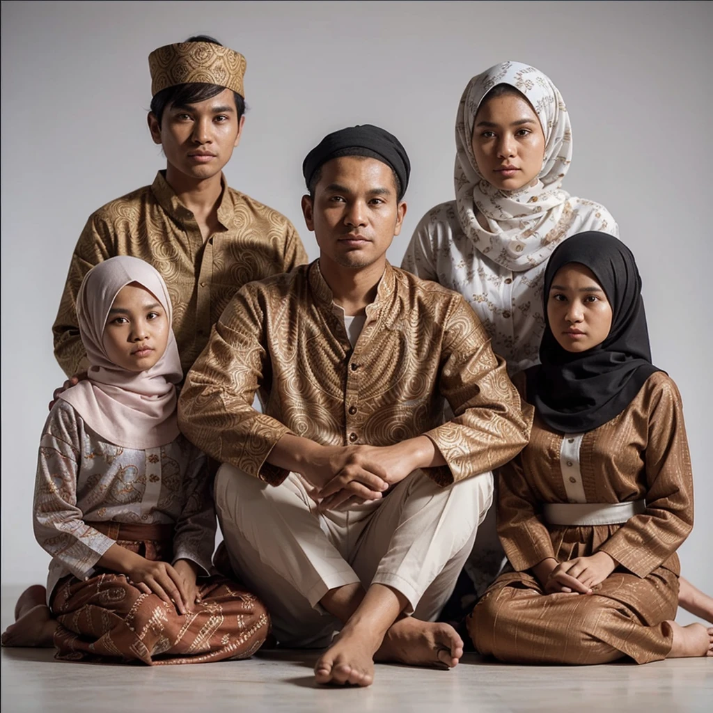 create a detailed and realistic 4D animated image consisting of five people wearing traditional Indonesian clothing with rich details. Here is a detailed description of the image: 35 year old father sitting cross-legged, wearing a batik long-sleeved shirt with an intricate pattern and white trousers. Mother is 30 years old behind to the right of father, beautiful, slightly fat and plump, wearing a broken white hijab and a batik robe with a similar motif. The 18 year old boy behind on his father's left is wearing a clothing cap with a different pattern with a similar motif. Two women sat at the father's side, aged 13 years and 9 years, wearing broken white hijabs and orange tops with soft batik and a pattern similar to a dark long skirt. All individuals position their hands in worship in front of their chest. Hands namaste. Neutral Background, giving full focus to the subject and their clothing. The details of the clothing and composition of this group reflect the richness of Indonesian culture and traditions. HD.Ultra-HD.65K.hyper realistic.