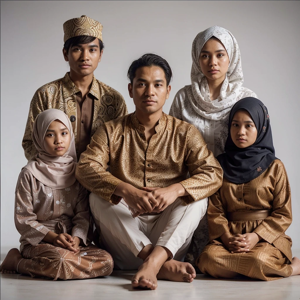 create a detailed and realistic 4D animated image consisting of five people wearing traditional Indonesian clothing with rich details. Here is a detailed description of the image: 35 year old father sitting cross-legged, wearing a batik long-sleeved shirt with an intricate pattern and white trousers. Mother is 30 years old behind to the right of father, beautiful, slightly fat and plump, wearing a broken white hijab and a batik robe with a similar motif. The 18 year old boy behind on his father's left is wearing a clothing cap with a different pattern with a similar motif. Two women sat at the father's side, aged 13 years and 9 years, wearing broken white hijabs and orange tops with soft batik and a pattern similar to a dark long skirt. All individuals position their hands in worship in front of their chest. Hands namaste. Neutral Background, giving full focus to the subject and their clothing. The details of the clothing and composition of this group reflect the richness of Indonesian culture and traditions. HD.Ultra-HD.65K.hyper realistic.