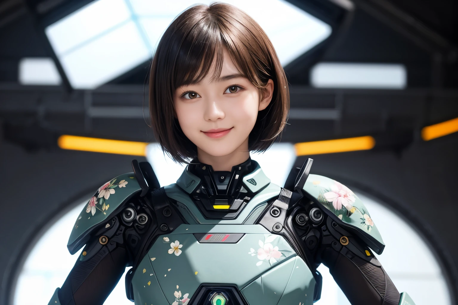 207 Short Hair, 20 year old female, Floral, gentle smile, futuristic clothes, mechanical suit