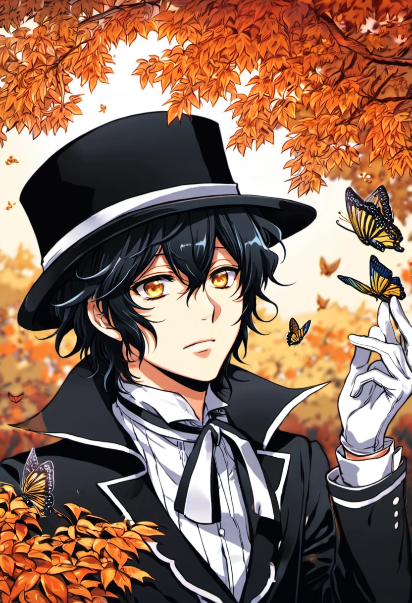 Ultra detailed, highres, absurdres, HDR, Gilbert Nightray, 1 man only, with wavy black hair, golden eyes, Pandora Hearts, handsome, butterflies, orange leaves, autumn, black hat, white gloves,
