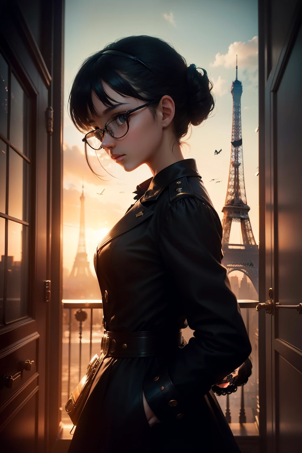 The mysterious silhouette of a young girl with glasses stands out against the backdrop of a vibrant Double Exposure effect. The scene takes place in a mesmerizing steampunk city inspired by Paris, where majestic airships soar through the skies, adding an enchanting touch to the iconic Eiffel Tower. The image captures the essence of both photography and cinema, evoking a cinematic atmosphere reminiscent of a captivating movie poster.