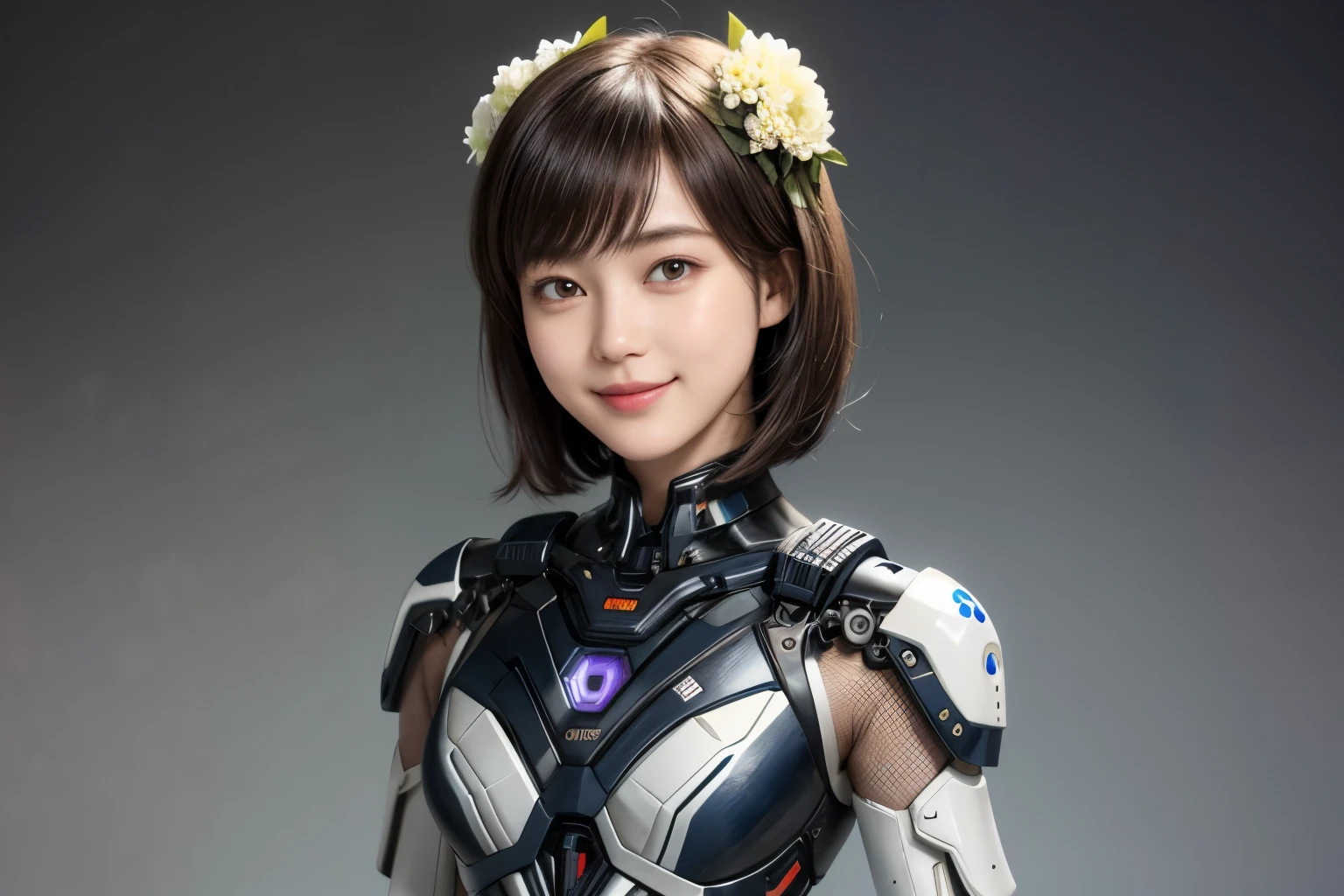207 Short Hair, 20 year old female, Floral, gentle smile, futuristic clothes, mechanical suit