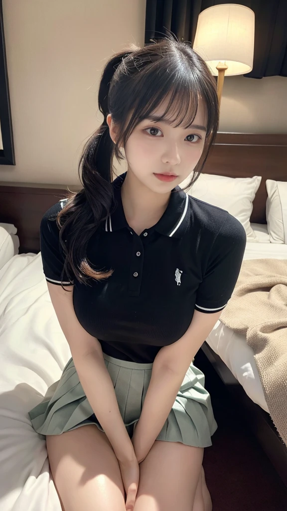 muste piece, best quality, illustration, Super detailed, fine details, High resolution, 8K,wall paper, perfect dynamic composition,(Details High quality, realistic depiction of eyes:1.3), (Polo shirt with collar), pleated skirt, (ponytail)、black hair color, Big Natural Color Lip, bold sexy pose, (perfect body shape), crying a little、cold gaze, Harajuku style、20 year old girl、cute type、lolita、beautiful legs, hotel room, hposing Gravure Idol, Voluptuous thighs