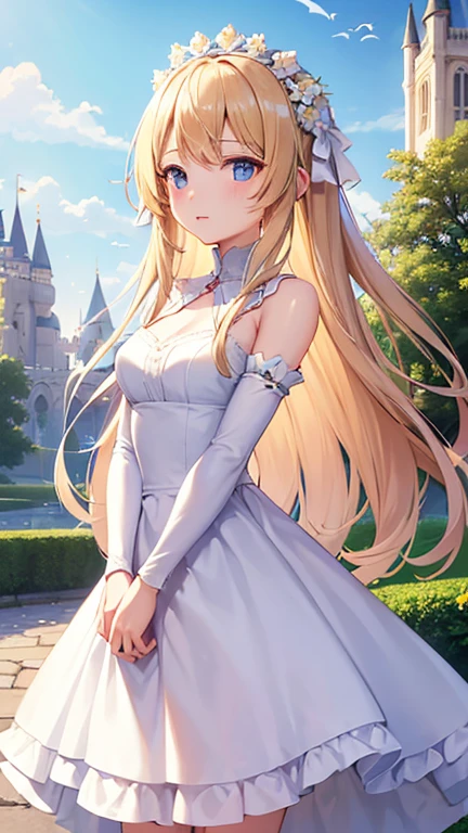 ((masterpiece)), ((high quality)), female, Young Adult, shoulder length blond hair, flower in hair, deep blue eyes, cute, perky, white princess outfit, standing, looking at you, castle background, sunny outdoors, birds flying