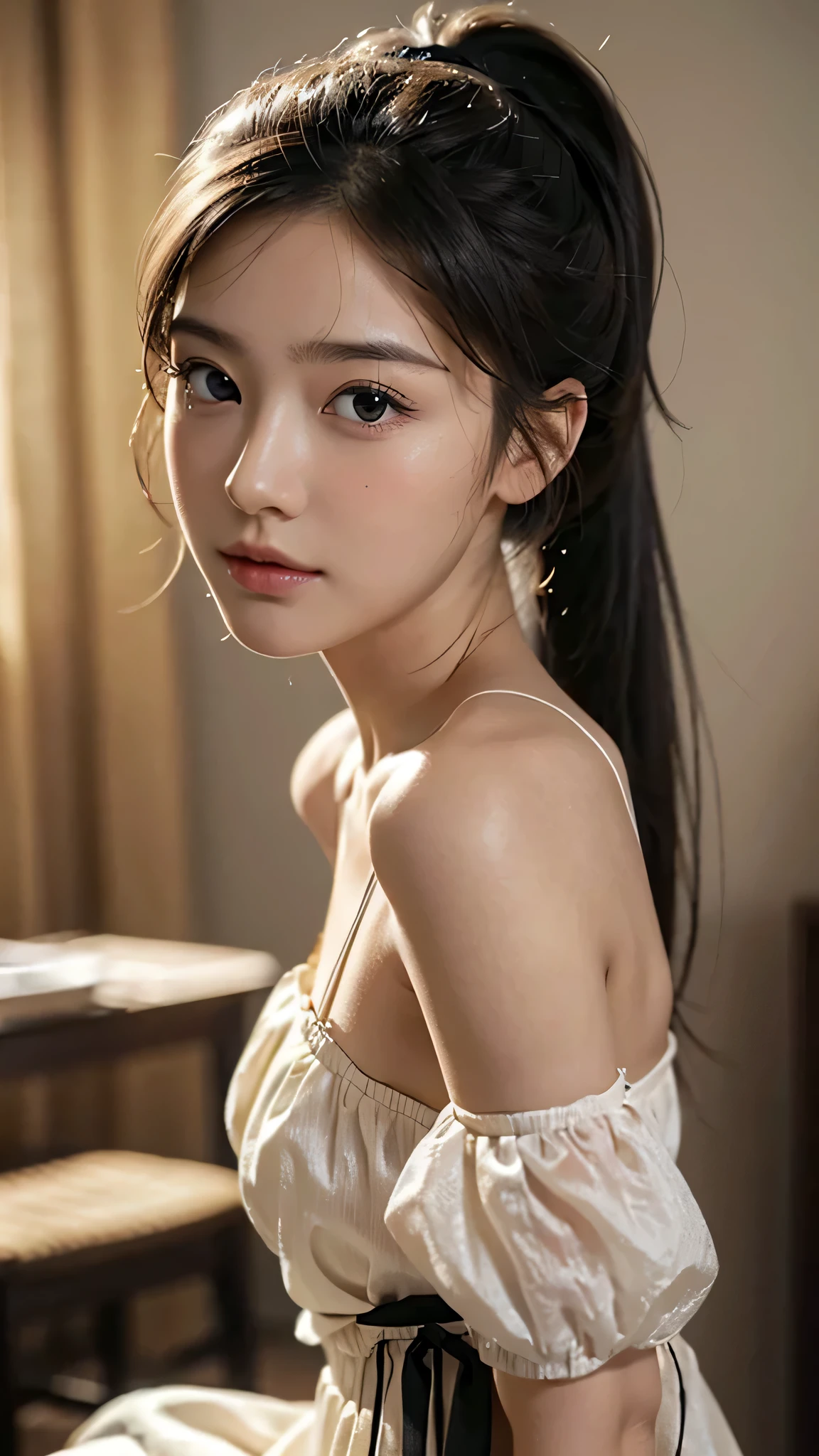 One woman,fully body photo,masutepiece, The highest image quality, High quality, the background is clear，Beautiful woman, Japanese, Detailed, Detailed eyes, Detailed skin, Beautiful skin, 超hight resolution, (reality: 1.4),Very beautiful woman, Slightly younger face, Beautiful skin, slender, (Ultra photo realsisim), (hight resolution), (8K), (Very detailed) (beautifully detailed eyes), (super detailed),   (Detailed face), view the viewer, Fine details, Detailed face, Staring straight ahead, Staring straight ahead, photos realistic, Bright lighting, Professional Lighting, Black hair,poneyTail,a baby face,sixteen years old,Hairstyle is ponytail,long ponytail hairstyle,slight smile,Orange colored long dress with lots of ruffles, softly shaped skirt,Spotlight on stage,close-up of face, 