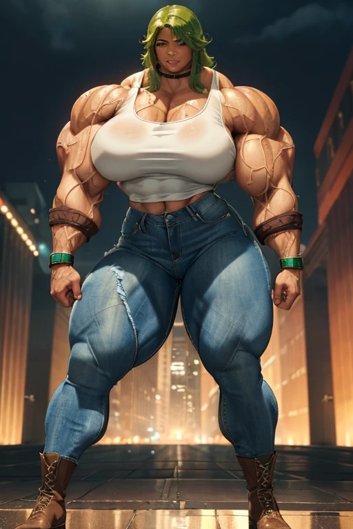 (((((Massive tall, beautiful, buff, wet, brown skinned muscular woman with green hair, ginormous bulky muscles, and wearing a tight white tank top with tight denim pants))))), close view, massive muscle, massive biceps, hyper muscle shoulders, (massive muscle arms), vascular shoulders, hyper muscle triceps, (curvy long hair), orange eyes, choker, (long fingerless gloves), black boots, (in a rainy city), confidant smile, night, hyper vascular arm, hyper muscles arms, hyper muscle legs, (massive arms).