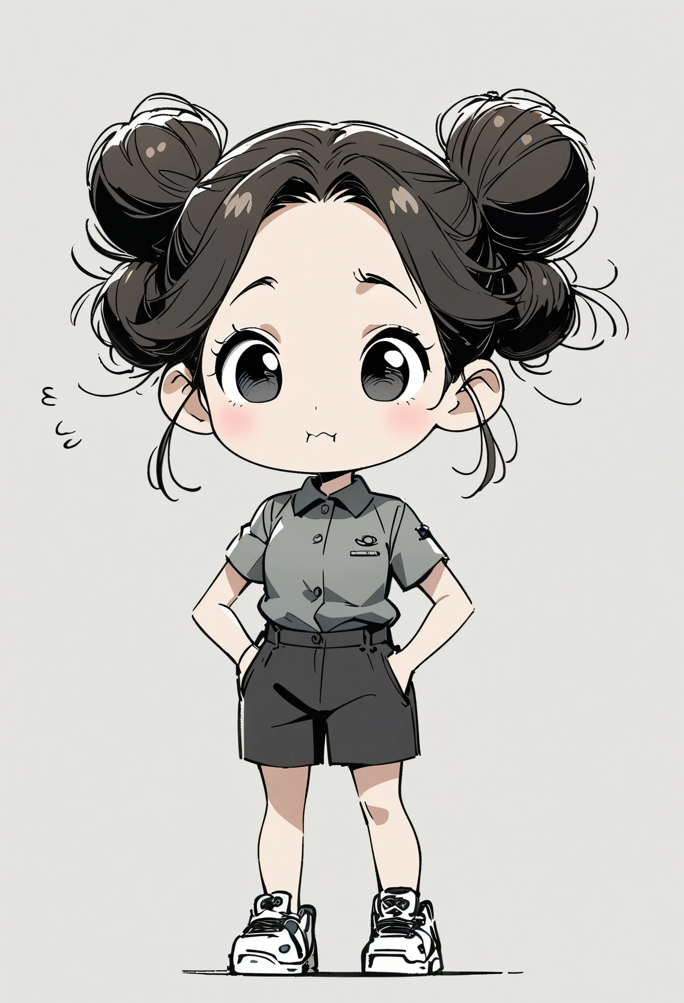 (best quality:1.2), anime sketch, black and white, black line art, cartoon character design, 1 girl, alone, big eyes, cute expression, double buns, shirt, work uniform, sneakers, standing, playful, interesting, simple lines