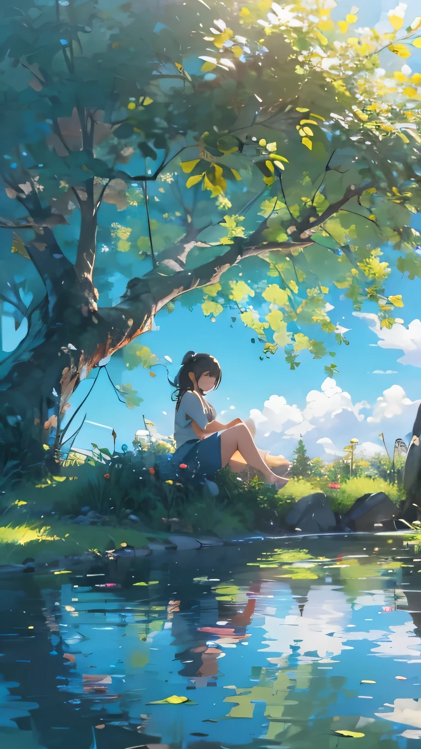 an extremely delicate and beautiful girl, sitting, tree, no humans, clear blue sky, cloud, outdoors, reflection, sky, building, water, daylight, blurry, summer, shadow, scenery, 8k wallpaper, masterpiece, Cinematic Lighting, best quality, Illustration, detailed face depiction, photorealistic scenery,