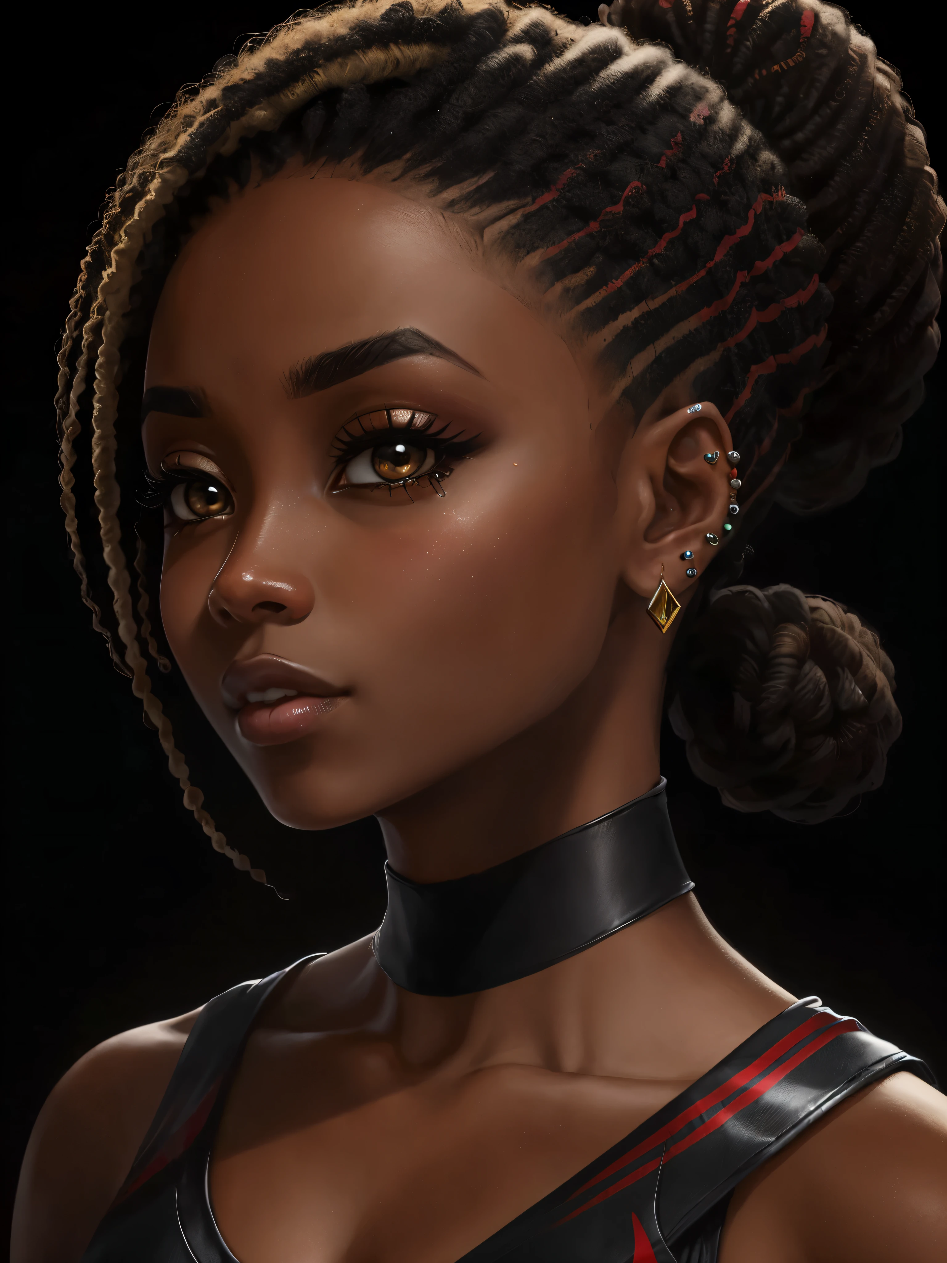 obra-prima, melhor qualidade, ultra-detalhado, 8K, luz detalhada, sombra detalhada, RAW, (pele detalhada), (realista: 1.2), 1 Mulher negra (afrodescendente), natural da africana, pele negra, sensual, pele refinada, rosto, unhas, cabelos encaracolados, olhando para o visualizador, piercing, fundo niquelado, boca fechada, olhos castanhos escuros, esmalte de unha vermelho,-auto