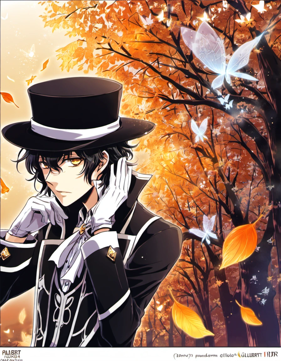 Ultra detailed, highres, absurdres, HDR, Gilbert Nightray, 1 man only, with wavy black hair, golden eyes, Pandora Hearts, handsome, butterflies, orange leaves, autumn, black hat, white gloves,